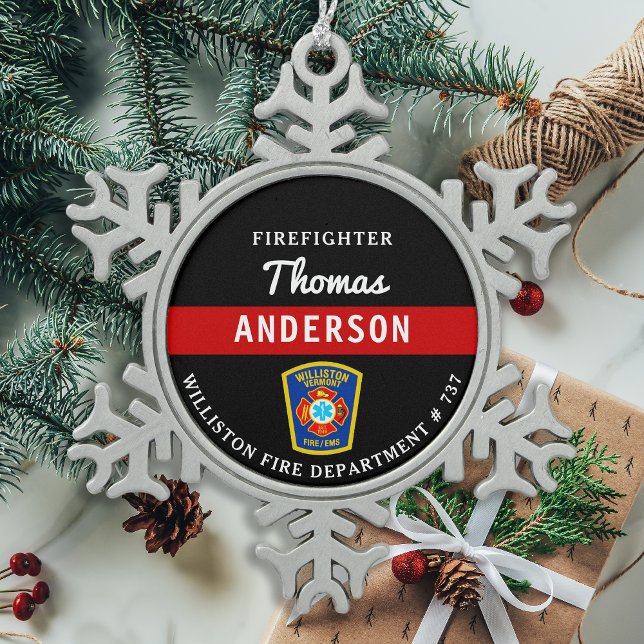 Firefighter Personalized Thin Red Line Fire Rescue Snowflake Pewter Christmas Ornament (Creator Uploaded)