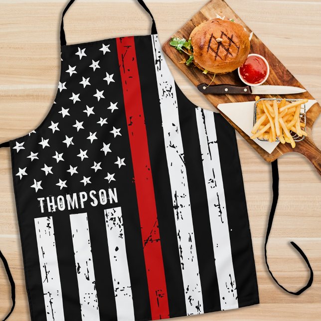 Firefighter Personalized Thin Red Line Flag BBQ Apron (Creator Uploaded)