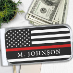 Firefighter Personalized Thin Red Line Silver Finish Money Clip<br><div class="desc">Thin Red Line Money Clip - American flag in Firefighter Flag colors, modern black red design . Personalize with fireman name. This personalized firefighter money clip is perfect for firefighters and fire service volunteers and all those who support them . COPYRIGHT © 2020 Judy Burrows, Black Dog Art - All...</div>