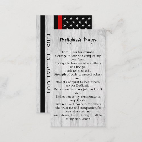 Firefighter Prayer Thin Red Line Fireman Business Card - Thin Red Line Firefighters Prayer Card Bulk- USA American flag design in Firefighter Flag colors, modern black red on gray wood design .
These firefighter prayer cards are perfect for all firefighters, fireman, and fire departments. Fireman prayer cards are wallet size, a nice graduation gift to firefighters from the fire academy, or to include in thank you cards to firefighters.   COPYRIGHT © 2020 Judy Burrows, Black Dog Art - All Rights Reserved. Firefighter Prayer Thin Red Line Fireman Business Card