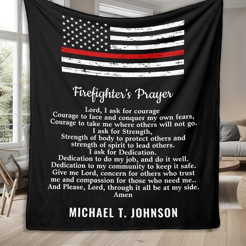 Firefighter Prayer Thin Red Line Personalized Name Fleece Blanket