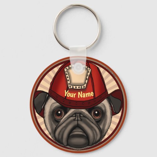 Firefighter Pug custom name keychain