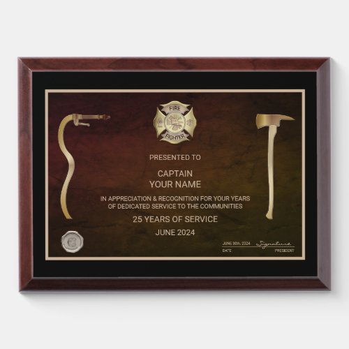 Firefighter Recognition Award Plaque