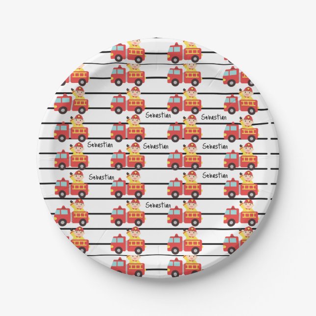 Firefighter red and fire truck pattern custom pape paper plates (Front)