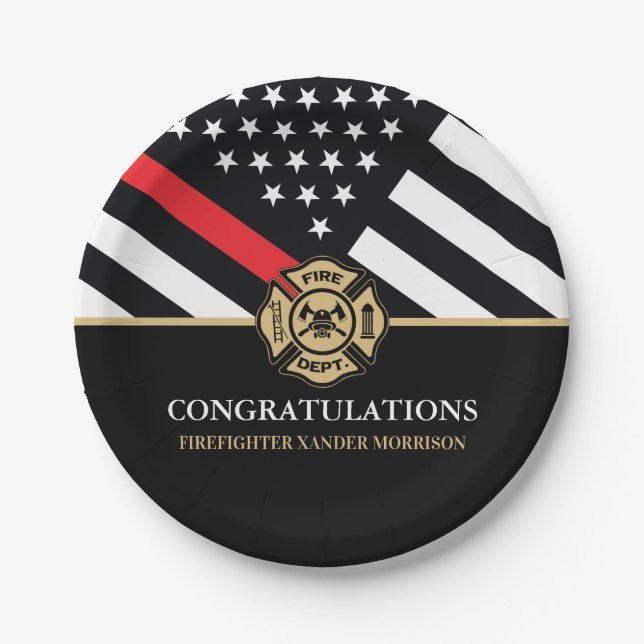 Firefighter Red Line Flag Fire Academy Graduation Paper Plates (Front)