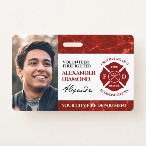 Firefighter Red Marble Photo Signature ID Badge