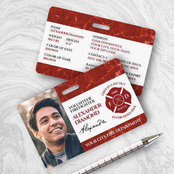 Firefighter Red Marble Photo Signature Id Badge by expressionsoccasions at Zazzle
