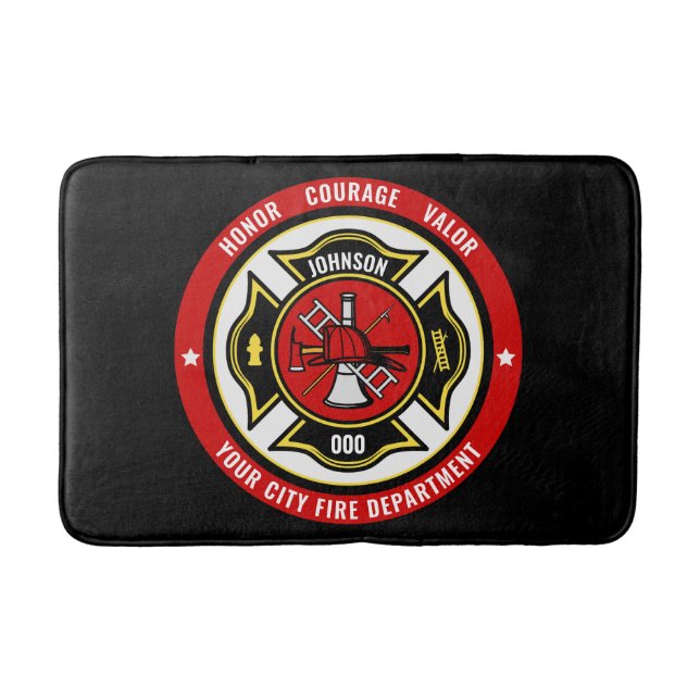 Firefighter Rescue ADD NAME Fire Department Badge Bath Mat (Front)