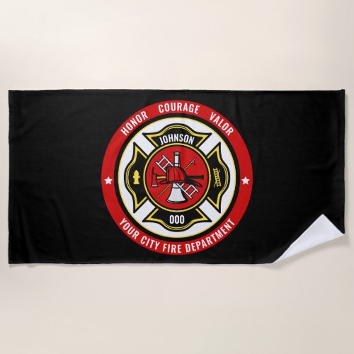 Firefighter Rescue ADD NAME Fire Department Badge Beach Towel