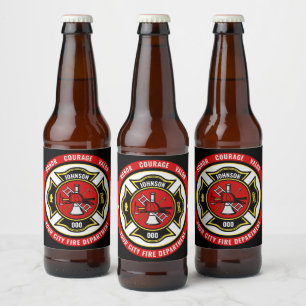 Firefighter Rescue ADD NAME Fire Department Badge Beer Bottle Label