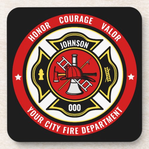 Firefighter Rescue ADD NAME Fire Department Badge Beverage Coaster