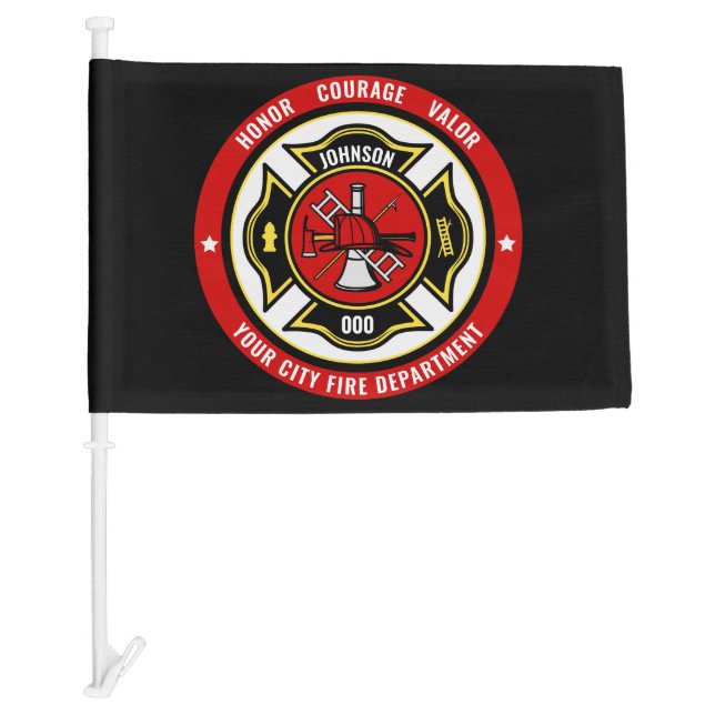 Firefighter Rescue ADD NAME Fire Department Badge Car Flag (Front)