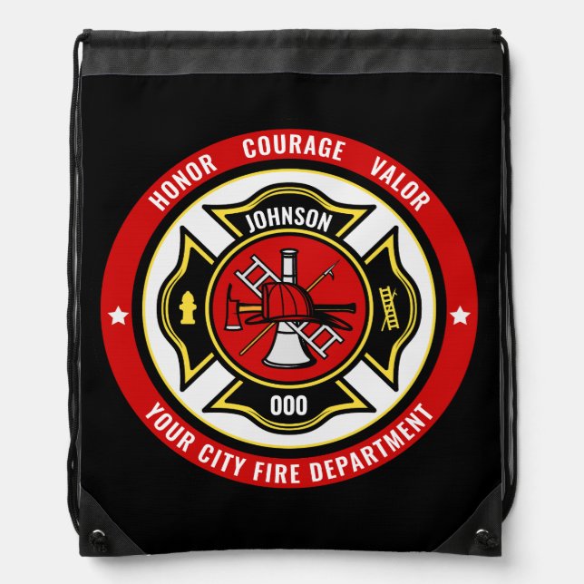 Firefighter Rescue ADD NAME Fire Department Badge Drawstring Bag (Front)