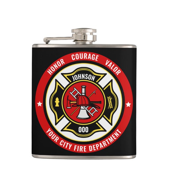 Firefighter Rescue ADD NAME Fire Department Badge Flask (Front)