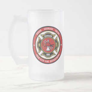 Firefighter Rescue ADD NAME Fire Department Badge Frosted Glass Beer Mug