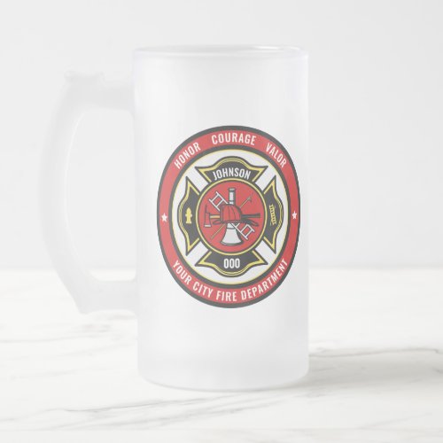 Firefighter Rescue ADD NAME Fire Department Badge Frosted Glass Beer Mug