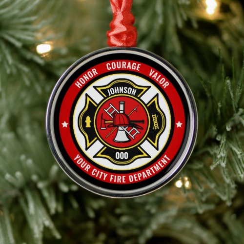 Firefighter Rescue ADD NAME Fire Department Badge Metal Ornament