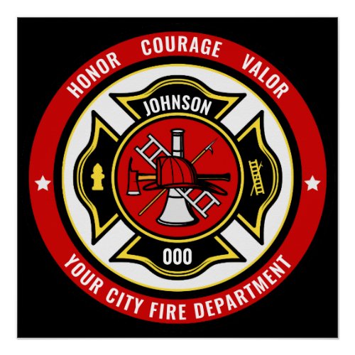 Firefighter Rescue ADD NAME Fire Department Badge Poster