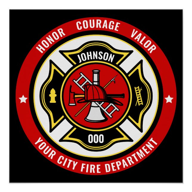 Firefighter Rescue ADD NAME Fire Department Badge Poster (Front)