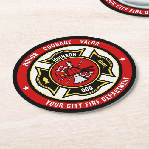 Firefighter Rescue ADD NAME Fire Department Badge Round Paper Coaster