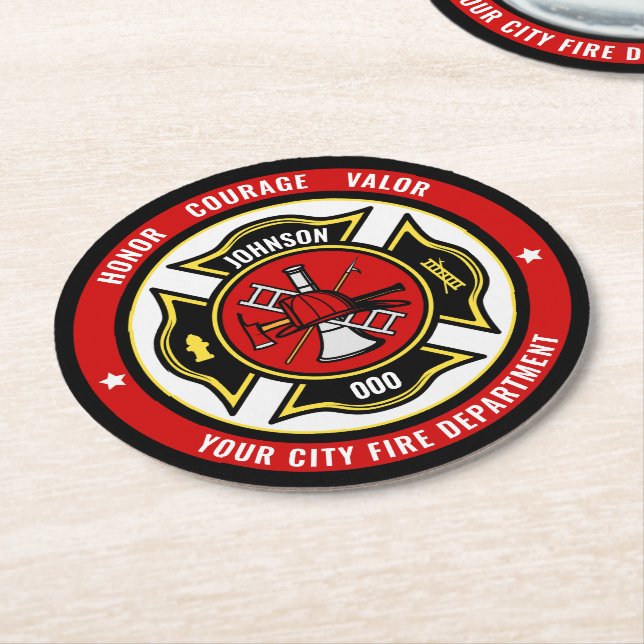 Firefighter Rescue ADD NAME Fire Department Badge Round Paper Coaster (Angled)