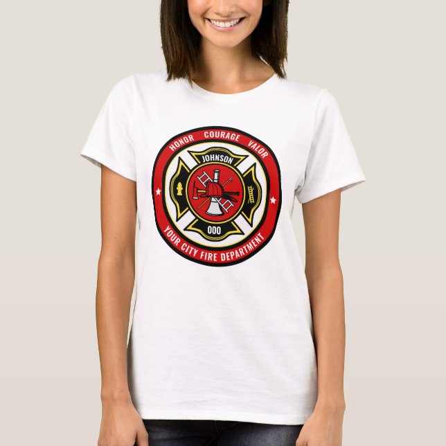 Firefighter Rescue ADD NAME Fire Department Badge T-Shirt (Front)