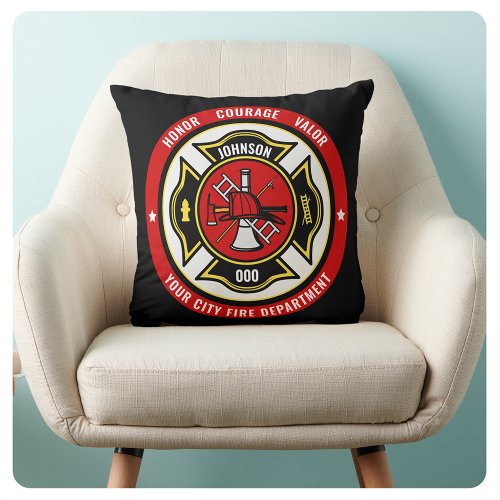 Firefighter Rescue ADD NAME Fire Department Badge Throw Pillow