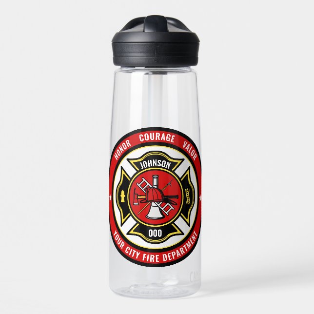 Firefighter Rescue ADD NAME Fire Department Badge Water Bottle (Front)