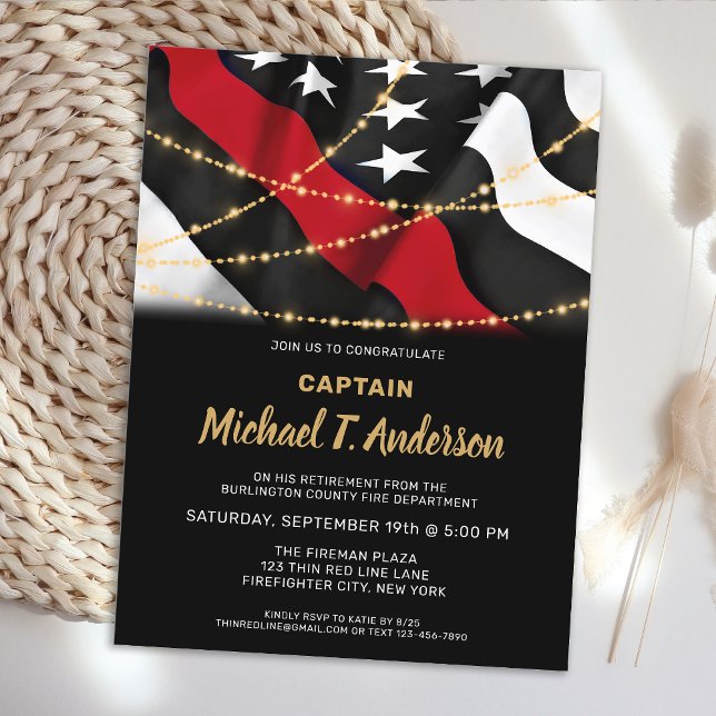 Firefighter Retirement American Flag Thin Red Line Invitation Postcard (Creator Uploaded)