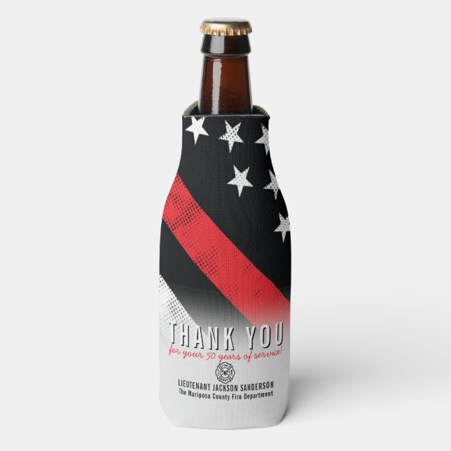 Firefighter Retirement Anniversary Red Line Flag Bottle Cooler (Bottle Front)