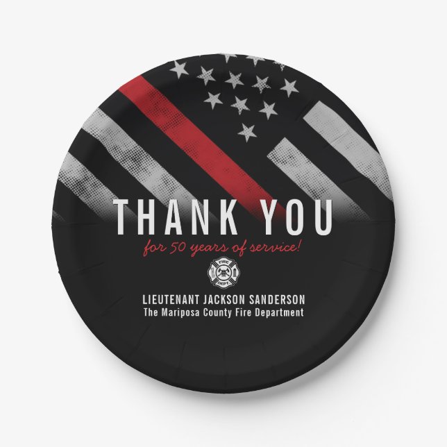 Firefighter Retirement Anniversary Red Line Flag Paper Plates (Front)