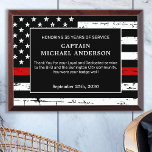 Firefighter Retirement Anniversary Thin Red Line Award Plaque<br><div class="desc">Celebrate and show your appreciation to an outstanding Firefighter with this Thin Red Line Award - American flag design in Firefighter Flag colors , distressed design. Personalize this firefighter retirement award with fireman name, text with fire department , fire station, name and community, and date of retirement. This thin red...</div>