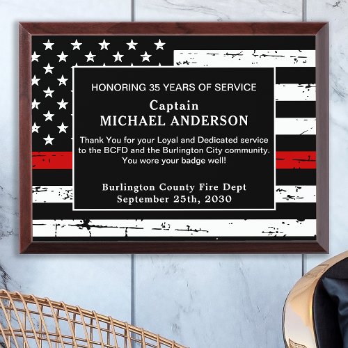 Firefighter Retirement Anniversary Thin Red Line Award Plaque