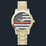 Firefighter Retirement Anniversary Thin Red Line Watch<br><div class="desc">Celebrate and show your appreciation to an outstanding Firefighter with this Thin Red Line Retirement or Anniversary Firefighter Watch - American flag design in Firefighter Flag colors in a modern black an red design . Perfect for fire service awards and Firefighter Retirement gifts and fireman retirement. Personalize this firefighters retirement...</div>