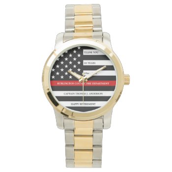 Firefighter Retirement Anniversary Thin Red Line Watch by BlackDogArtJudy at Zazzle