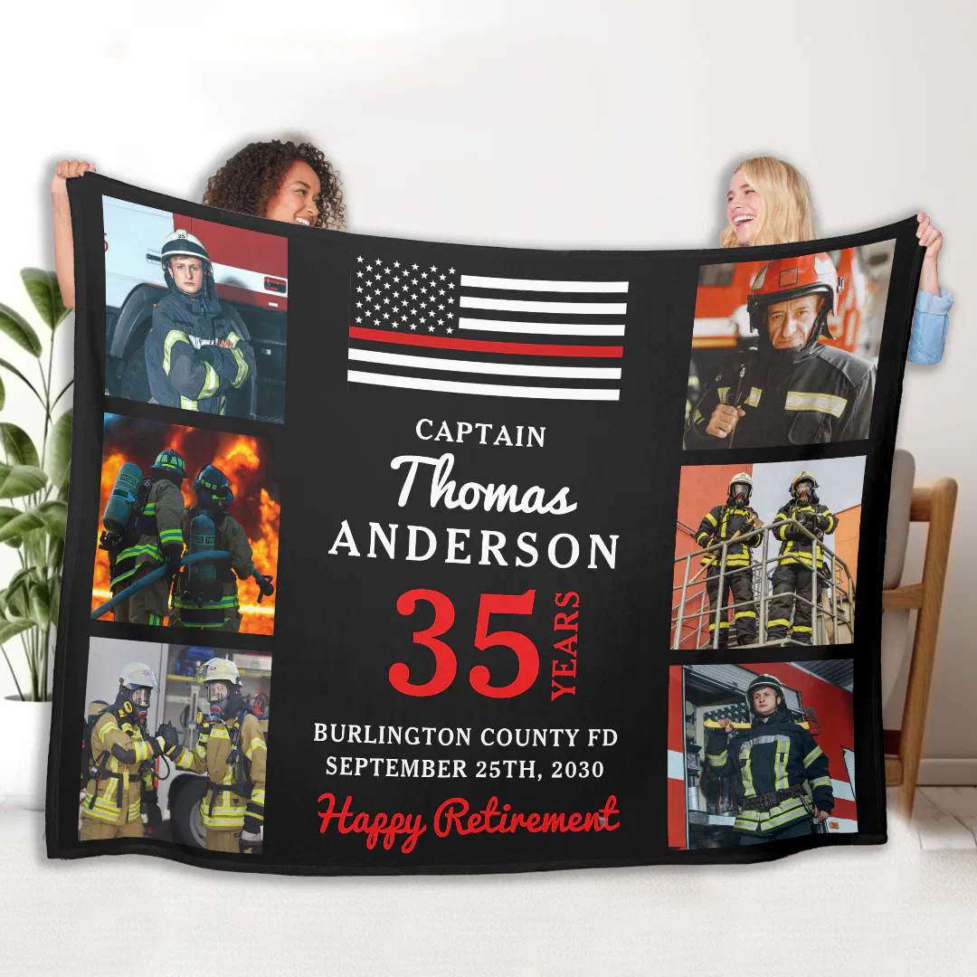 Firefighter Retirement Custom 6 Photo Fire Service Fleece Blanket (Creator Uploaded)