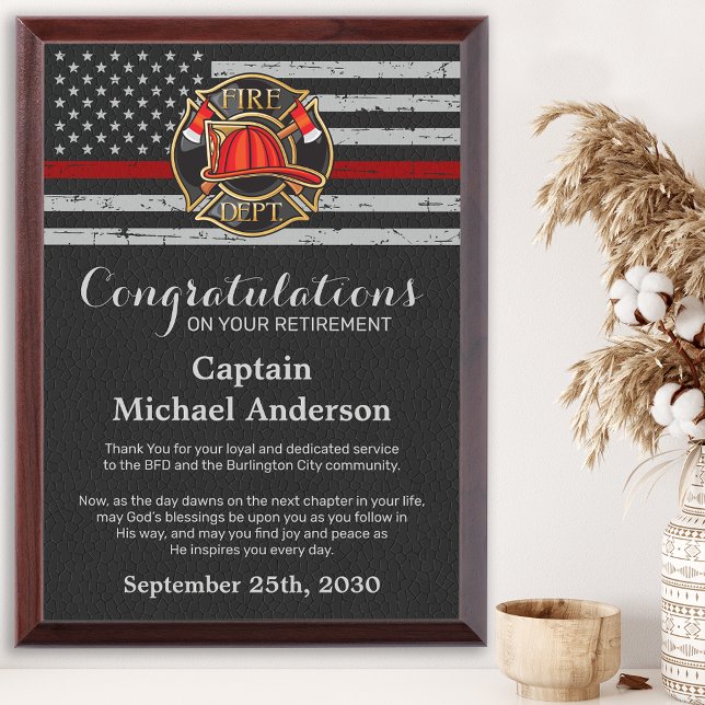 Firefighter Retirement Custom Emblem Thin Red Line Award Plaque (Creator Uploaded)