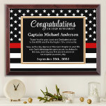 Firefighter Retirement Custom Thin Red Line Flag Award Plaque<br><div class="desc">Celebrate and show your appreciation to an outstanding Firefighter with this Thin Red Line Award - American flag design in Firefighter Flag colors , distressed design. Personalize this firefighter retirement award with fireman name, text with fire department , fire station, name and community, and date of retirement. This thin red...</div>