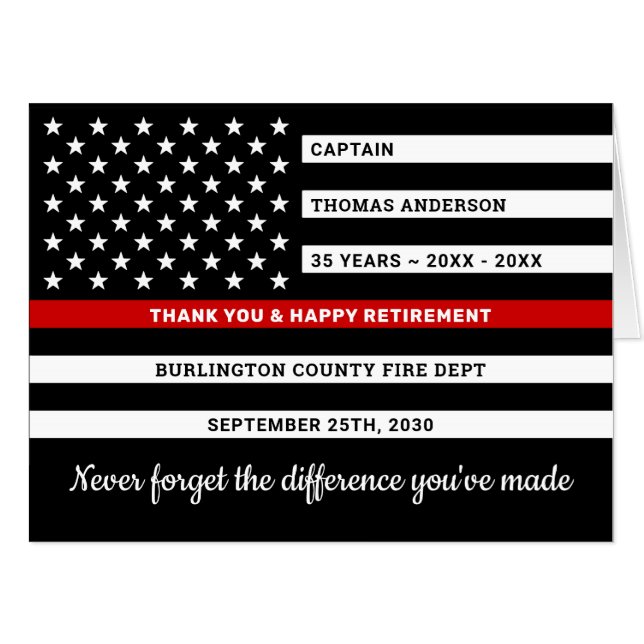 Firefighter Retirement Custom Thin Red Line Flag Card (Front Horizontal)