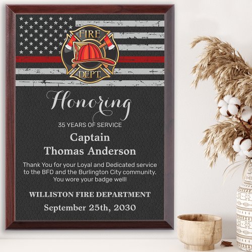 Firefighter Retirement Custom Years Thin Red Line Award Plaque