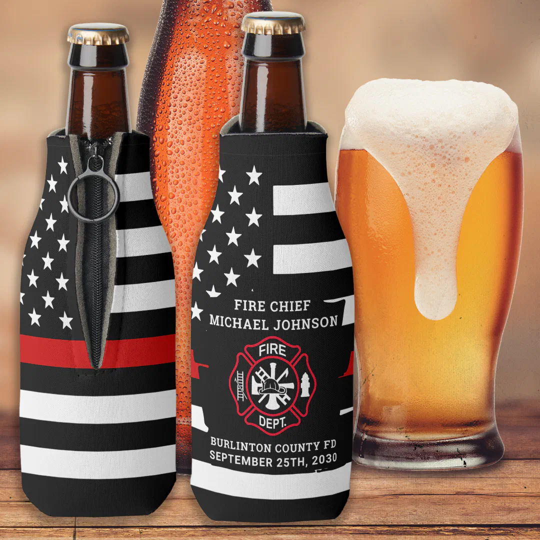 Firefighter Retirement Maltese Cross Thin Red Line Bottle Cooler (Creator Uploaded)