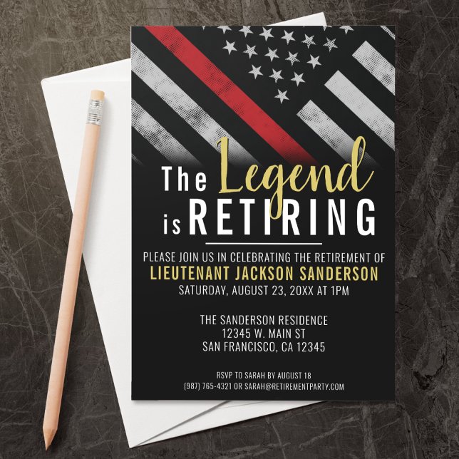 Firefighter Retirement Party Red Line Flag Fireman Invitation (Perfect for a retirement party for retiring firefighters, lieutenants, captains, etc!)