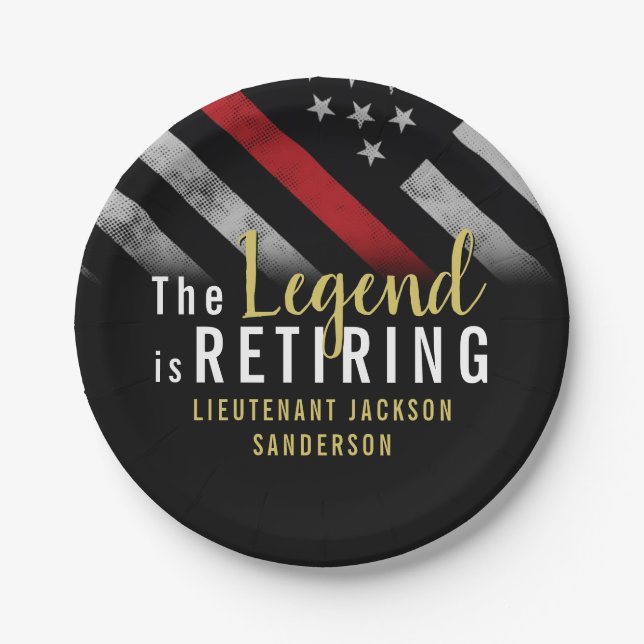 Firefighter Retirement Party Red Line Flag Fireman Paper Plates (Front)