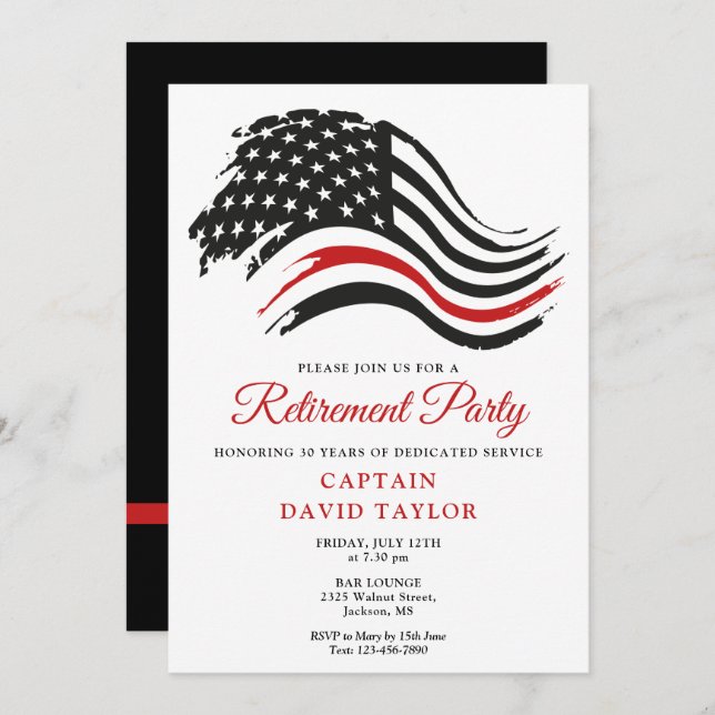 Firefighter Retirement Party Thin Red Line Flag Invitation (Front/Back)