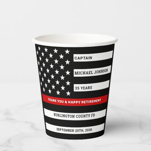 Firefighter Retirement Party Thin Red Line Paper Cups