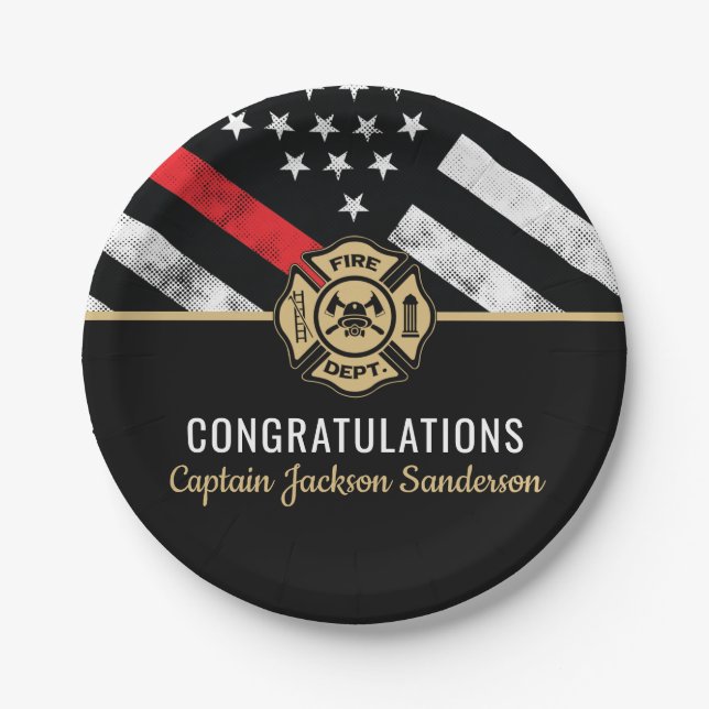 Firefighter Retirement Party Thin Red Line Paper Plates (Front)