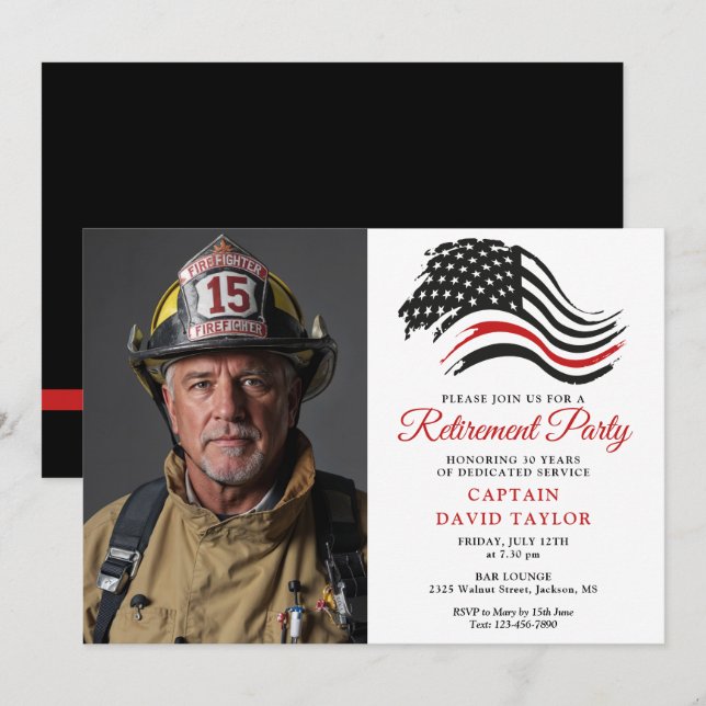 Firefighter Retirement Party Thin Red Line Photo Invitation (Front/Back)