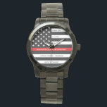 Firefighter Retirement Personalized Thin Red Line Watch<br><div class="desc">Celebrate and show your appreciation to an outstanding Firefighter with this Thin Red Line Retirement or Anniversary Firefighter Watch - American flag design in Firefighter Flag colors in a modern black an red design . Perfect for fire service awards and Firefighter Retirement gifts and fireman retirement. Personalize this firefighters retirement...</div>