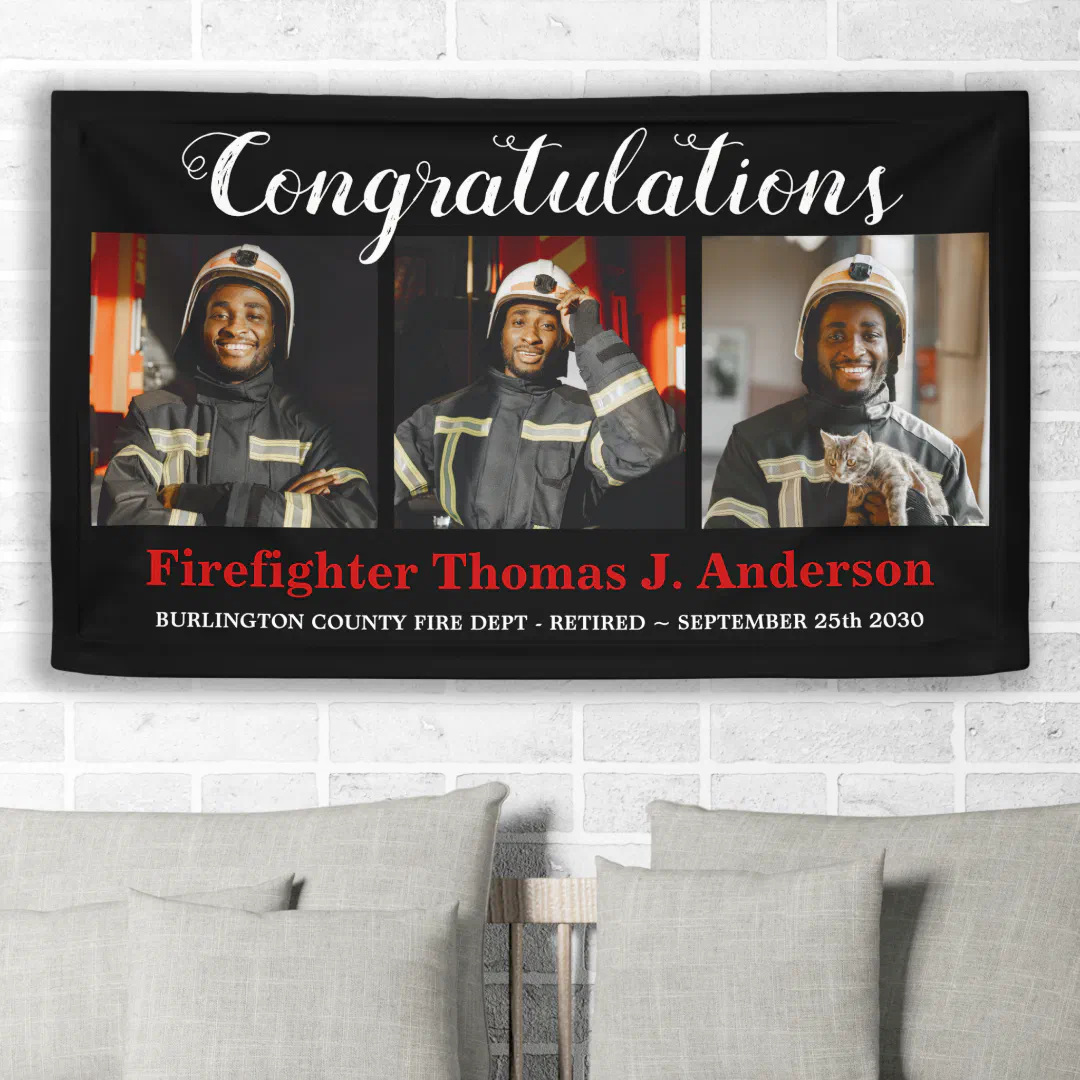 Firefighter Retirement Photo Collage Thin Red Line Banner (Creator Uploaded)