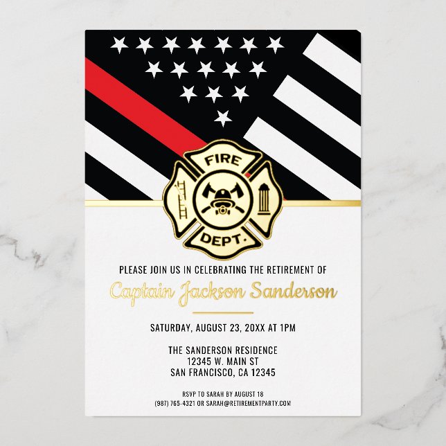 Firefighter Retirement Red Line Flag Fireman Foil Invitation (Front)